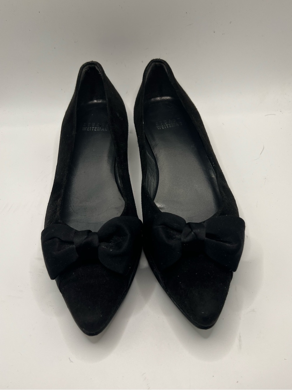 Stuart Weitzman Black Suede Pointed Toe Flats with Bow
